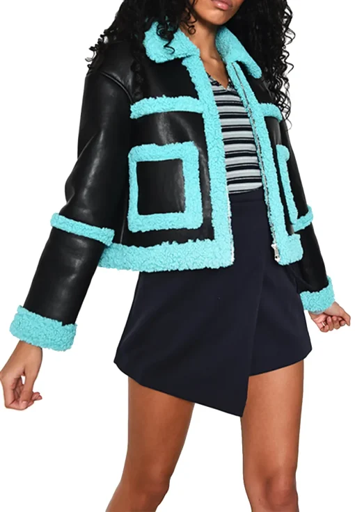 womens-black-faux-leather-blue-shearling-jacket