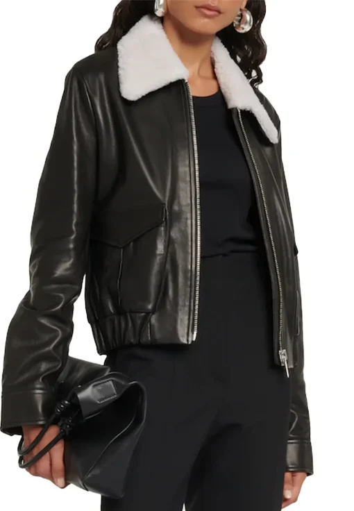 womens-black-faux-leather-bomber-jacket-with-fur-collar