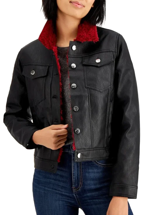 womens-black-faux-leather-red-faux-shearling-trucker-jacket