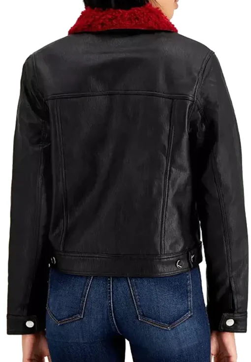 womens-black-faux-leather-red-faux-shearling-trucker-jacket