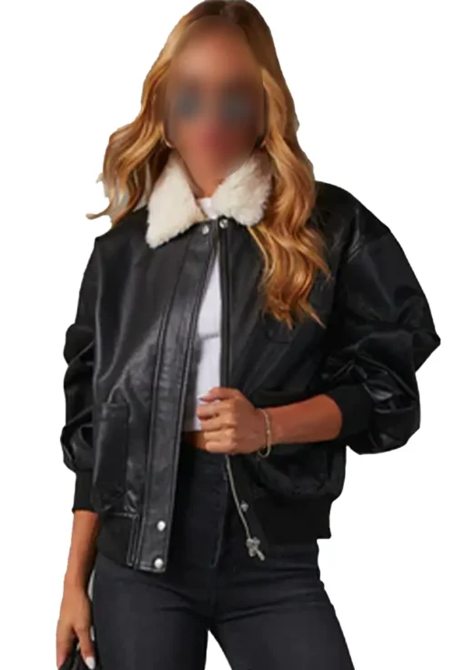 womens-black-faux-leather-shearling-collar-bomber-jacket