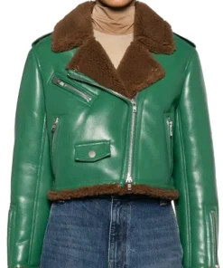 womens-brown-shearling-green-faux-leather-biker-jacket