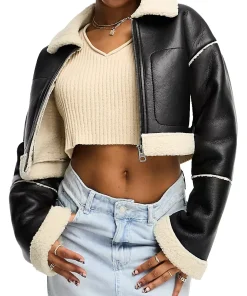 womens-cropped-black-faux-leather-shearling-jacket
