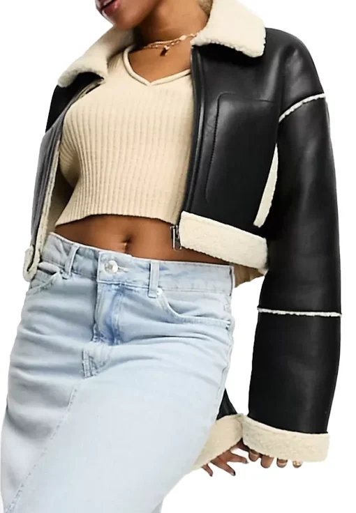 womens-cropped-black-faux-leather-shearling-jacket