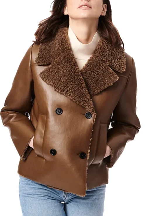 womens-double-breasted-brown-faux-leather-shearling-jacket