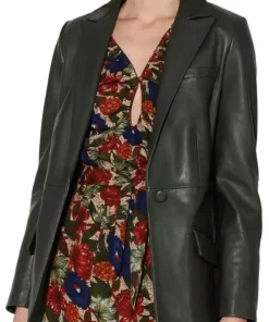 womens-long-sleeves-green-faux-leather-blazer