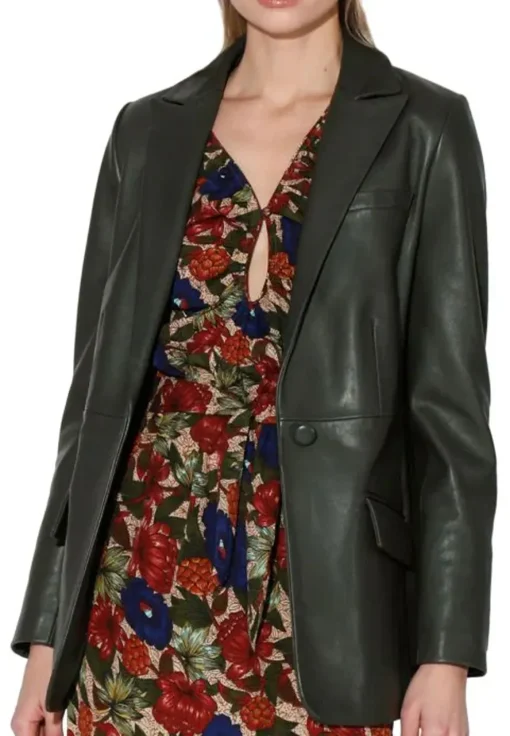 womens-long-sleeves-green-faux-leather-blazer