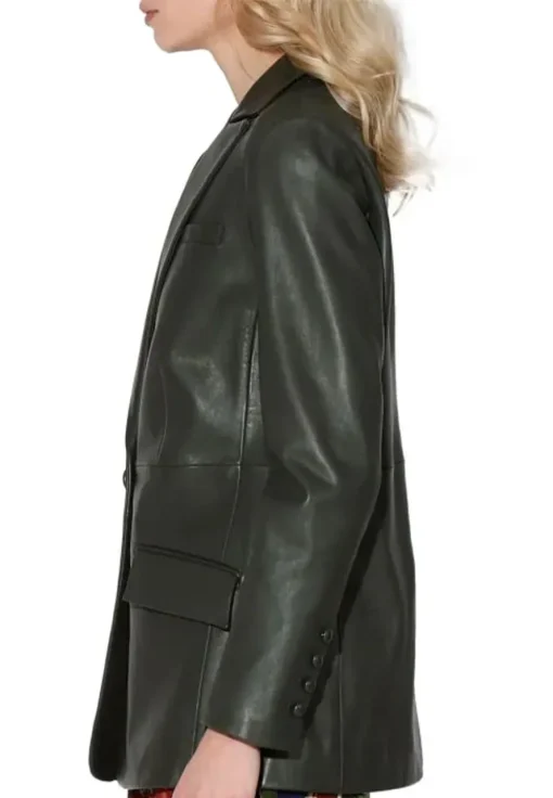 womens-long-sleeves-green-faux-leather-blazer