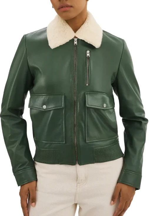 womens-removable-fur-collar-green-faux-leather-bomber-jacket