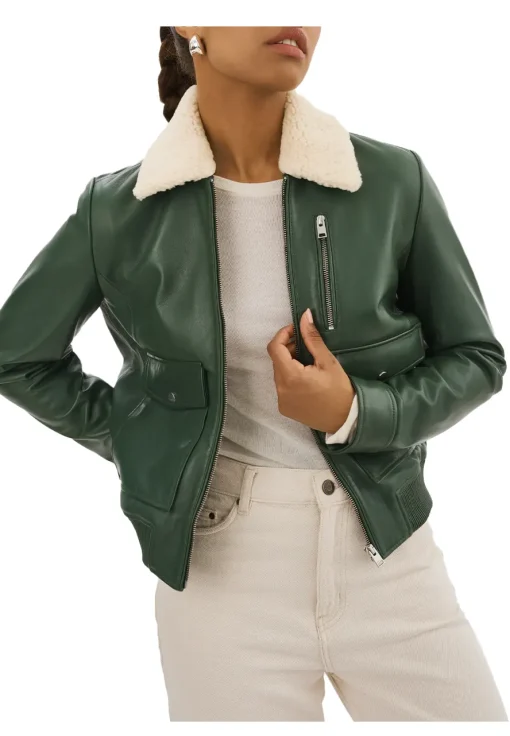 womens-removable-fur-collar-green-faux-leather-bomber-jacket