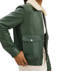 womens removable fur collar green faux leather bomber jacket 4