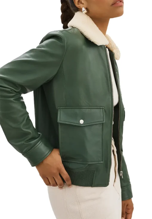Women's Removable Fur Collar Green Faux Leather Bomber Jacket - Image 4