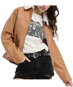 womens-shearling-collar-oversized-brown-faux-leather-jacket