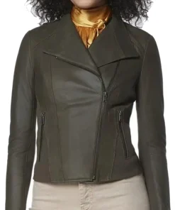 Women’s Spread Collar Olive Moto Faux Leather Jacket