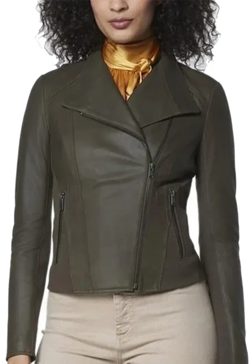 Women’s Spread Collar Olive Moto Faux Leather Jacket