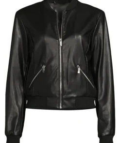 womens-stand-collar-black-faux-leather-bomber-jacket