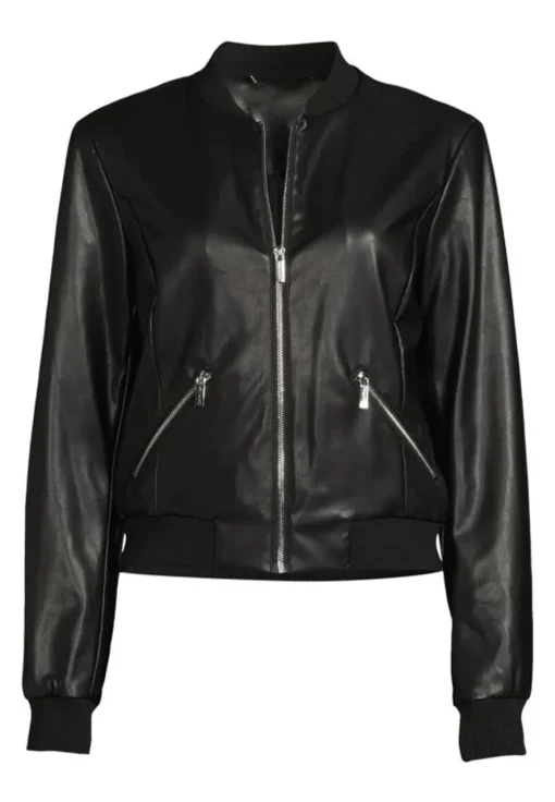 womens-stand-collar-black-faux-leather-bomber-jacket