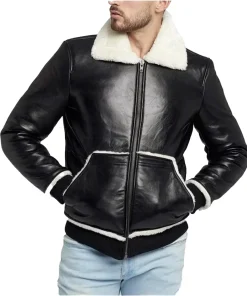 mens-black-faux-leather-faux-fur-bomber-jacket