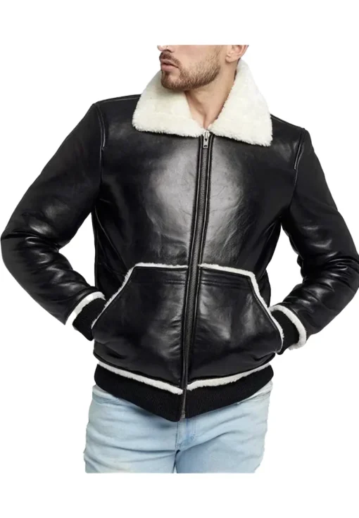 mens-black-faux-leather-faux-fur-bomber-jacket