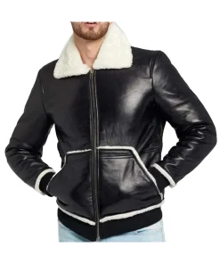 mens-black-faux-leather-faux-fur-bomber-jacket