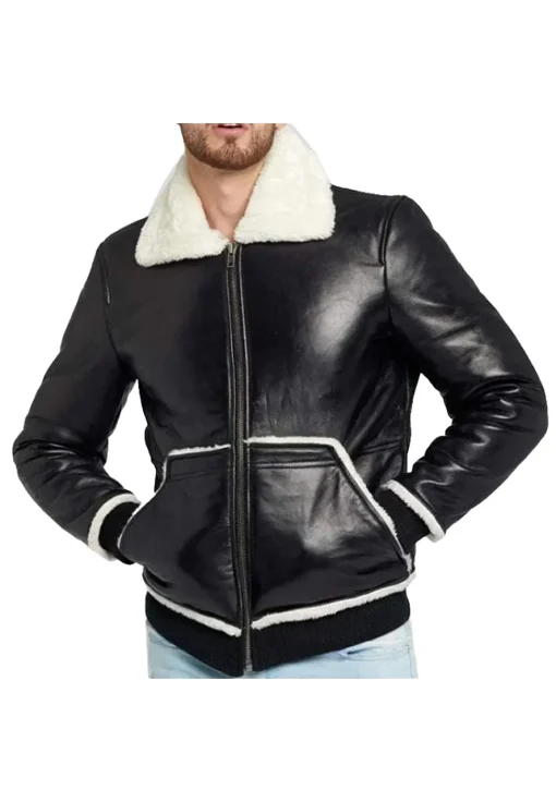 mens-black-faux-leather-faux-fur-bomber-jacket