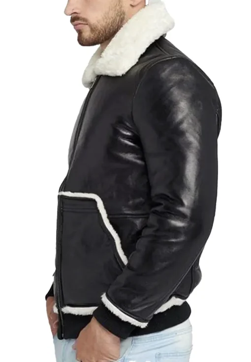 mens-black-faux-leather-faux-fur-bomber-jacket