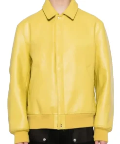 mens-classic-collar-yellow-faux-leather-bomber-jacket