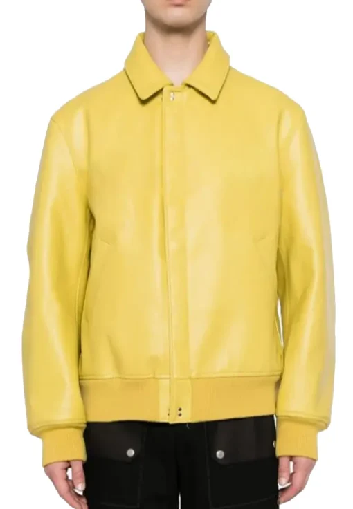 mens-classic-collar-yellow-faux-leather-bomber-jacket