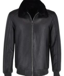 mens-mink-fur-collar-black-faux-leather-bomber-jacket