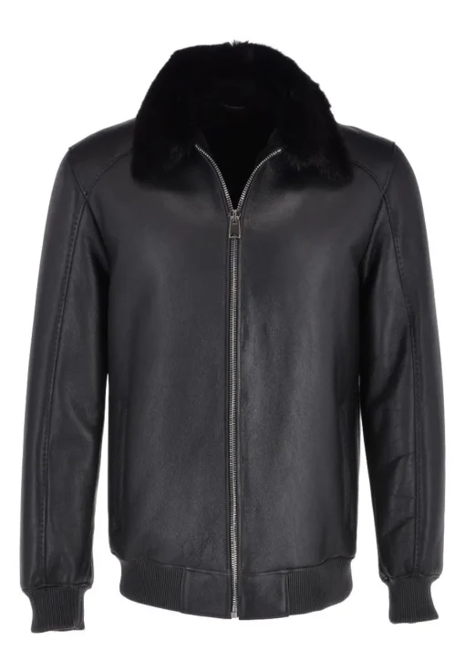 mens-mink-fur-collar-black-faux-leather-bomber-jacket