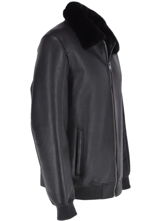 mens-mink-fur-collar-black-faux-leather-bomber-jacket