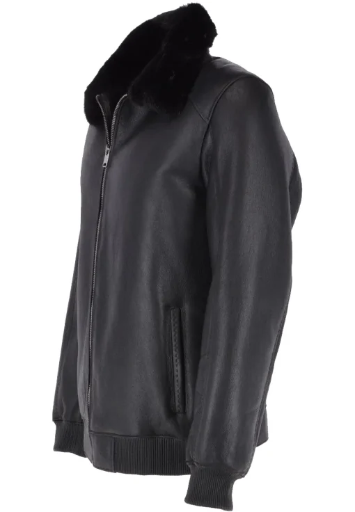 mens-mink-fur-collar-black-faux-leather-bomber-jacket