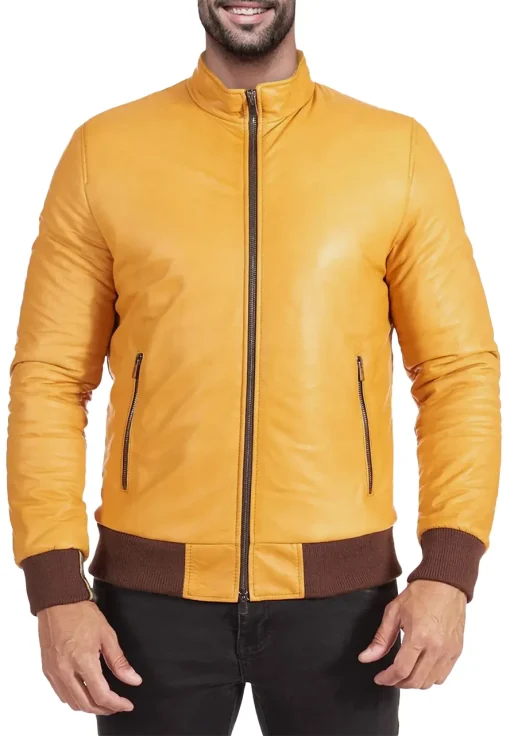 mens-soft-yellow-faux-leather-bomber-jacket