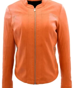 womens-band-collar-orange-faux-leather-biker-jacket