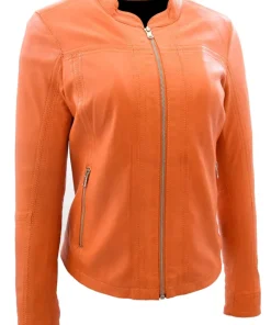 womens-band-collar-orange-faux-leather-biker-jacket
