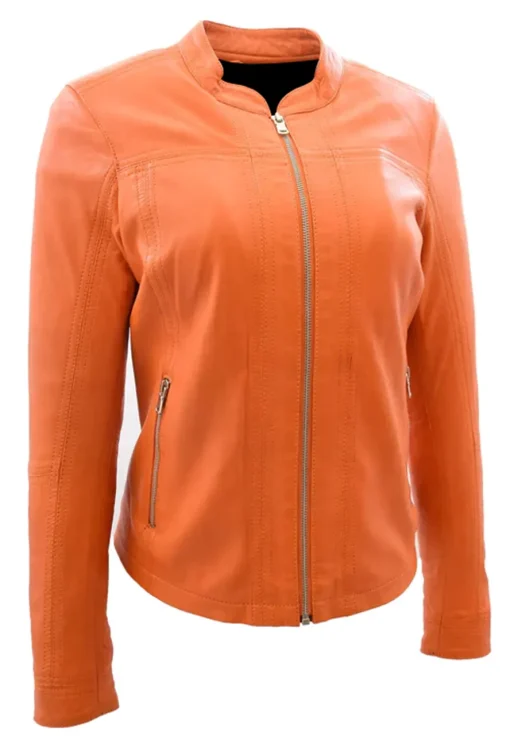 womens-band-collar-orange-faux-leather-biker-jacket