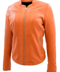 womens-band-collar-orange-faux-leather-biker-jacket
