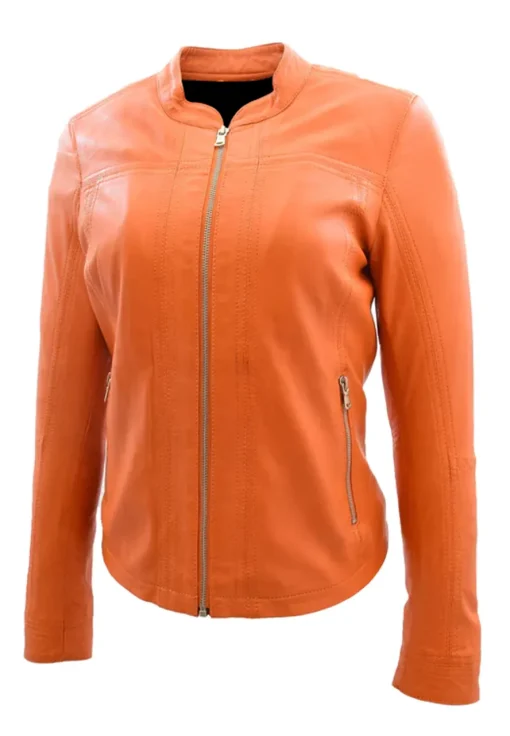 womens-band-collar-orange-faux-leather-biker-jacket