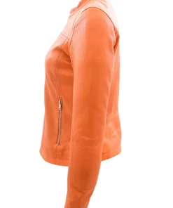 womens-band-collar-orange-faux-leather-biker-jacket