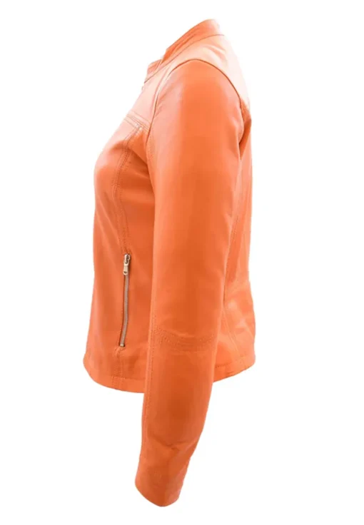 womens-band-collar-orange-faux-leather-biker-jacket