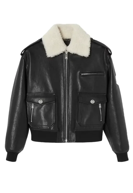 womens-black-faux-leather-shearling-collar-blouson-jacket