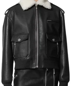 womens-black-faux-leather-shearling-collar-blouson-jacket