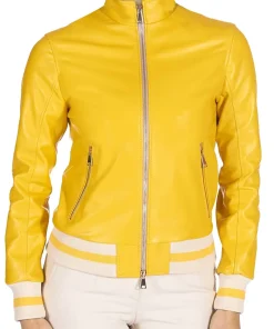 womens-bright-yellow-faux-leather-bomber-jacket
