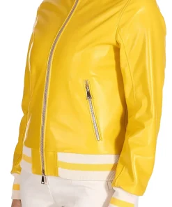 womens-bright-yellow-faux-leather-bomber-jacket