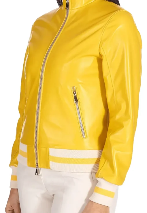 womens-bright-yellow-faux-leather-bomber-jacket