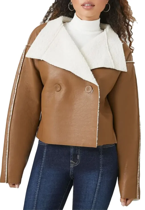 womens-brown-faux-leather-double-breasted-shearling-jacket