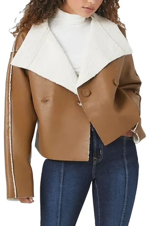 womens-brown-faux-leather-double-breasted-shearling-jacket