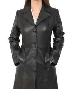 womens-button-fasten-black-faux-leather-coat