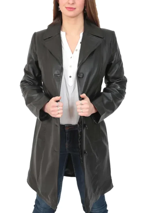 womens-button-fasten-black-faux-leather-coat