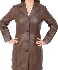 womens-button-fasten-brown-faux-leather-coat